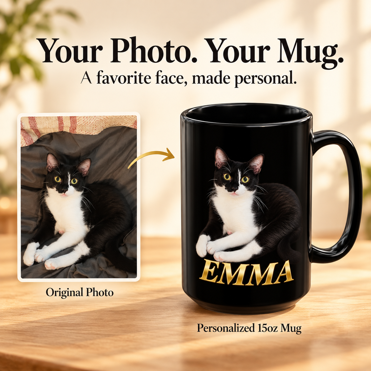 Custom Cat Portrait Mug with Name – Your Cat’s Photo on a 15 oz Black Mug