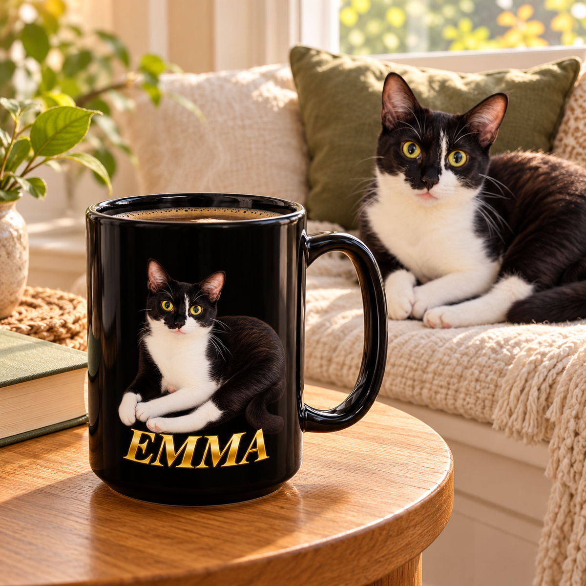 Custom Cat Portrait Mug with Name – Your Cat’s Photo on a 15 oz Black Mug