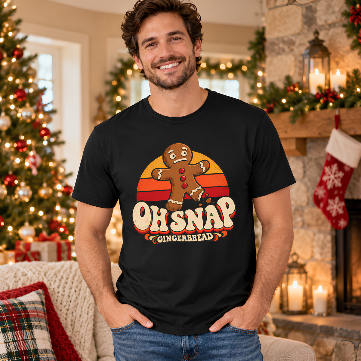 Person wearing the Black Snapped Gingerbread tee in a holiday setting