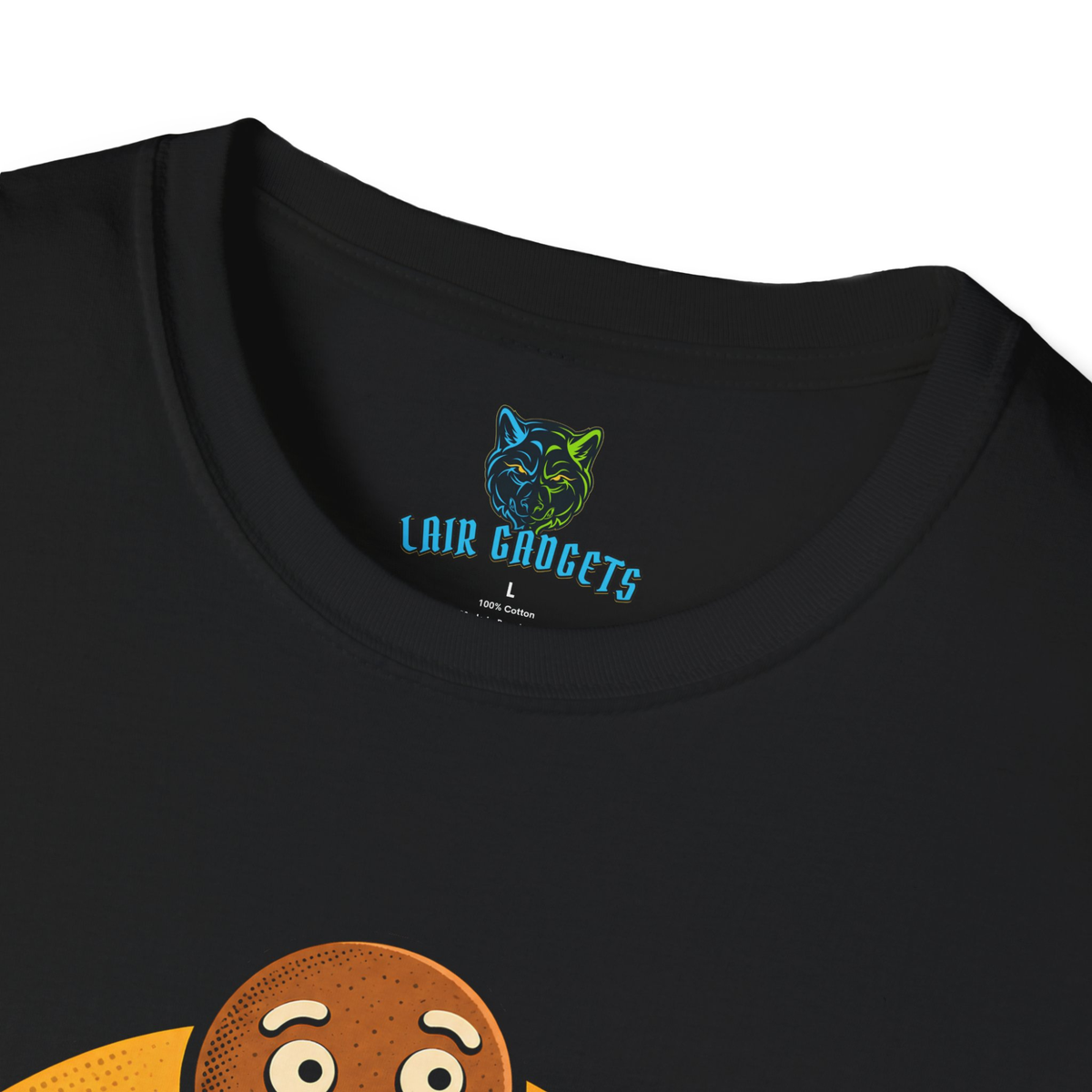 Printed Lair Gadgets neck label on the Black tee, no scratchy tag