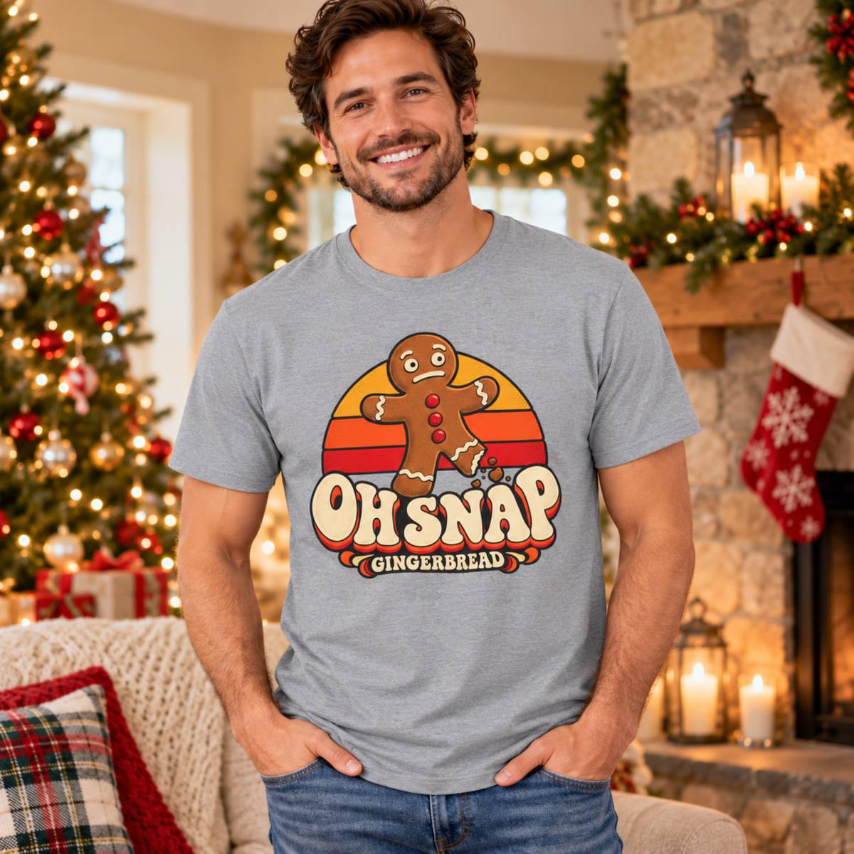 Person wearing the Sport Grey Snapped Gingerbread tee in a holiday setting