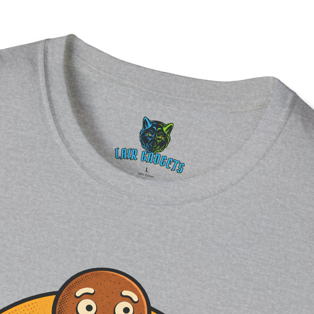 Printed Lair Gadgets neck label on the Sport Grey tee, no scratchy tag