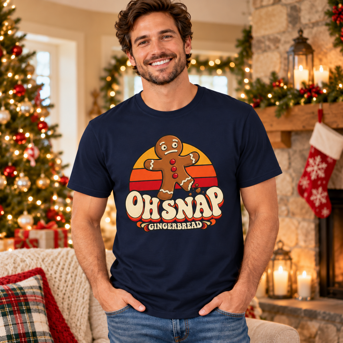 Person wearing the Navy Snapped Gingerbread tee in a holiday setting