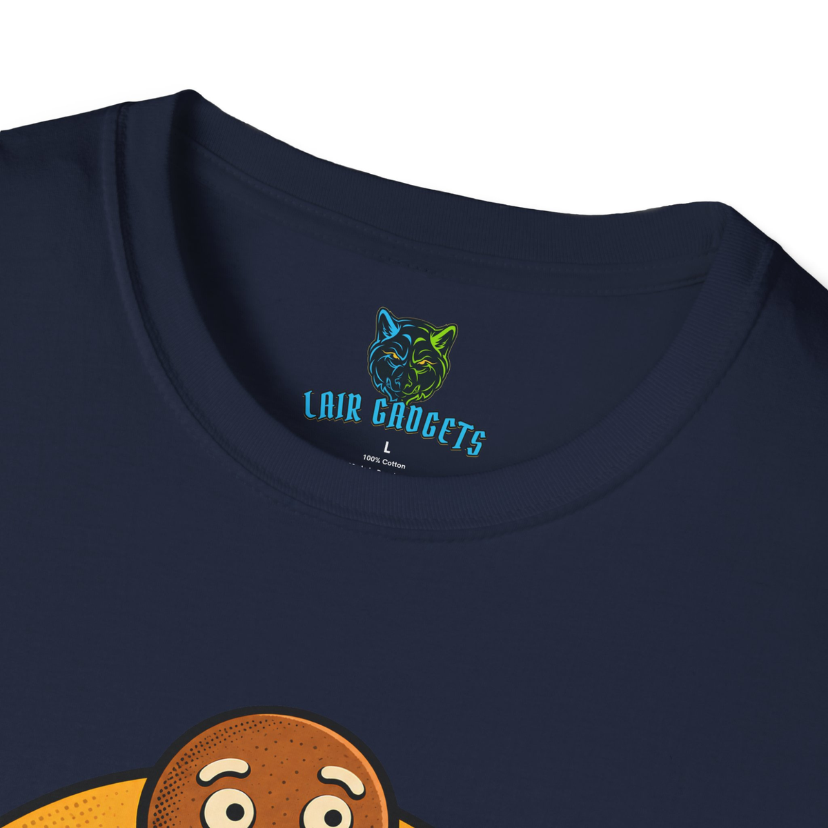 Printed Lair Gadgets neck label on the Navy tee, no scratchy tag