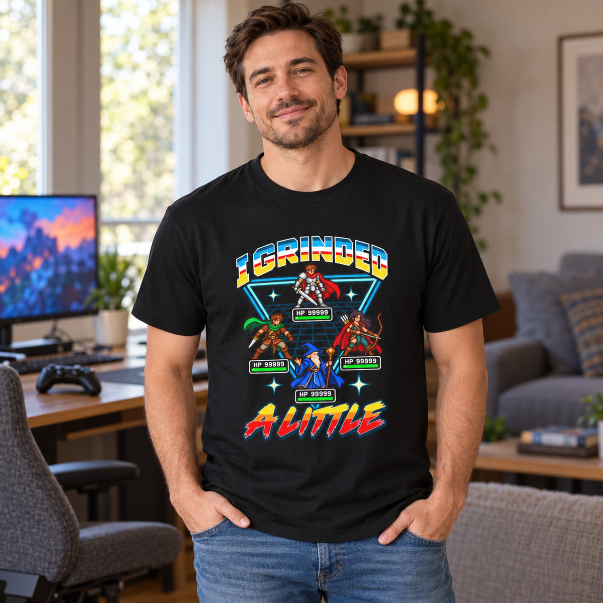 I Grinded a Little – Funny Gamer Shirt, 90s RPG Pixel Art Tee