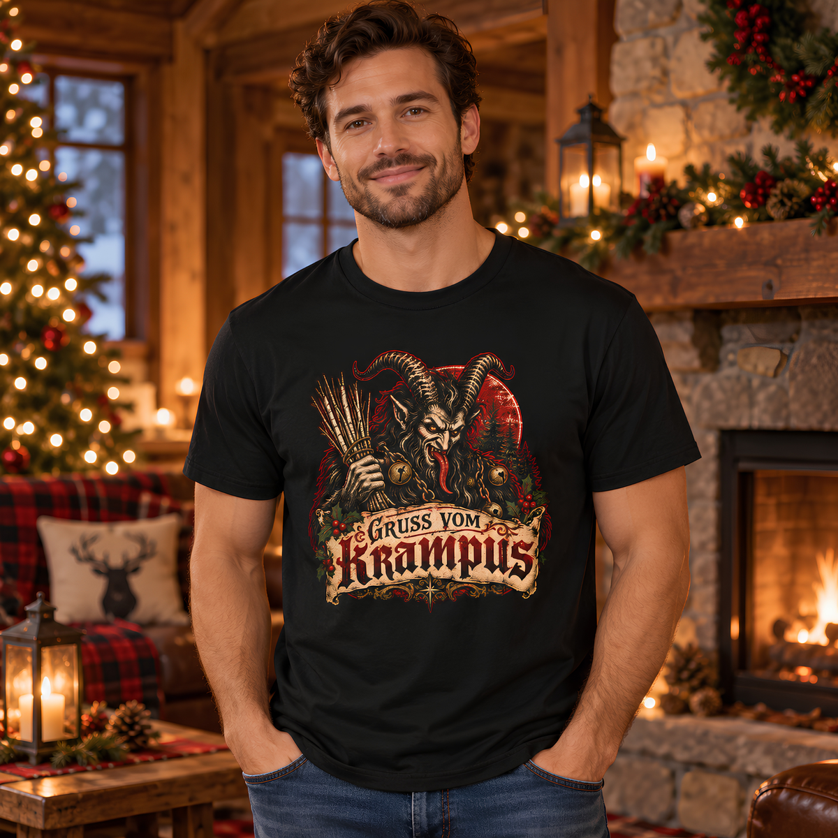 Man wearing the Black Gruss vom Krampus tee in a cabin decorated for Christmas