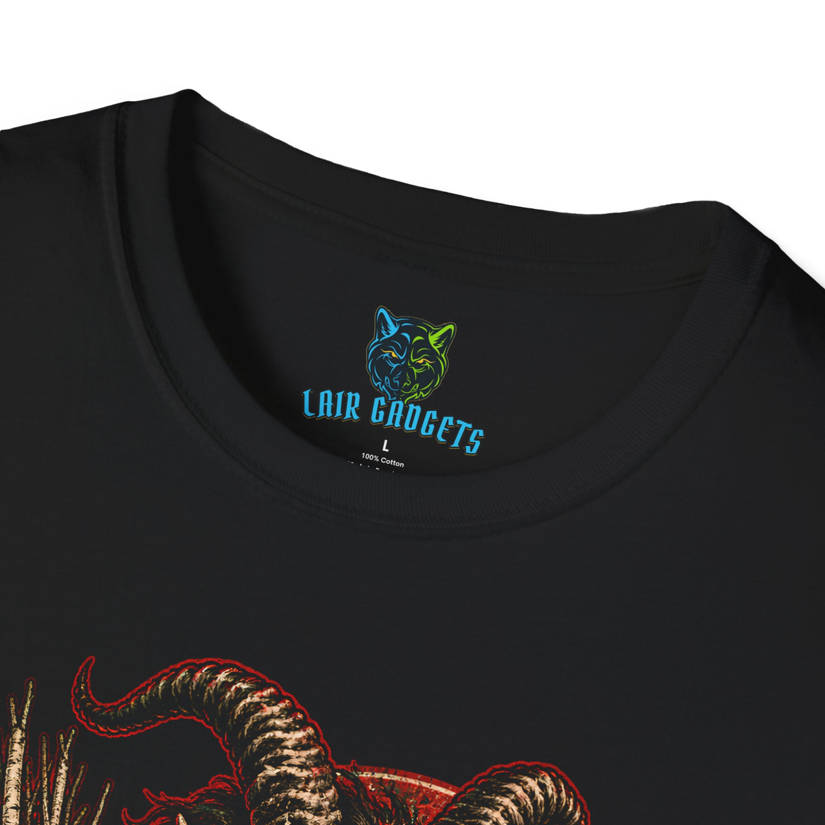 Printed Lair Gadgets neck label on the Black tee, no scratchy tag
