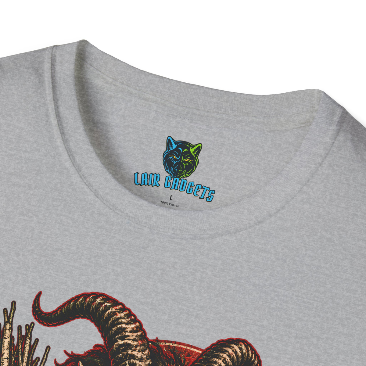 Printed Lair Gadgets neck label on the Sport Grey tee, no scratchy tag