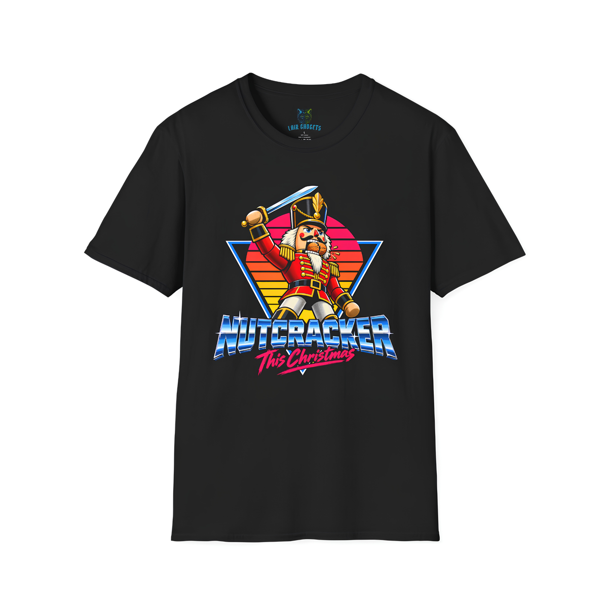 Nutcracker tee in Black: retro 80s action hero nutcracker soldier with a raised sword and a cracked walnut, chrome Nutcracker title over a neon sunset