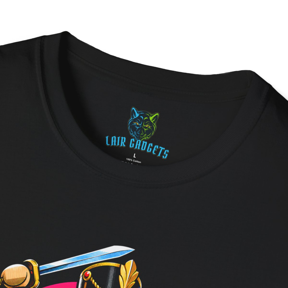 Printed Lair Gadgets neck label on the Black tee, no scratchy tag
