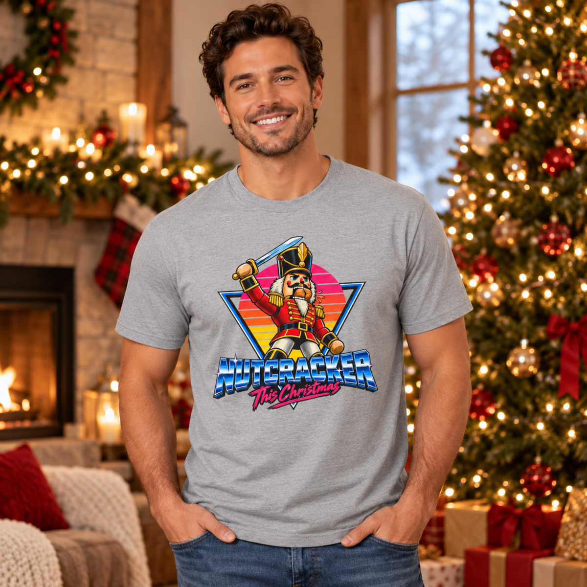 Person wearing the Sport Grey Nutcracker tee in a holiday setting