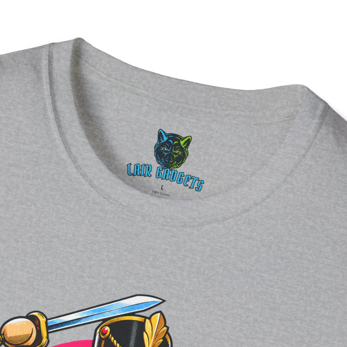 Printed Lair Gadgets neck label on the Sport Grey tee, no scratchy tag