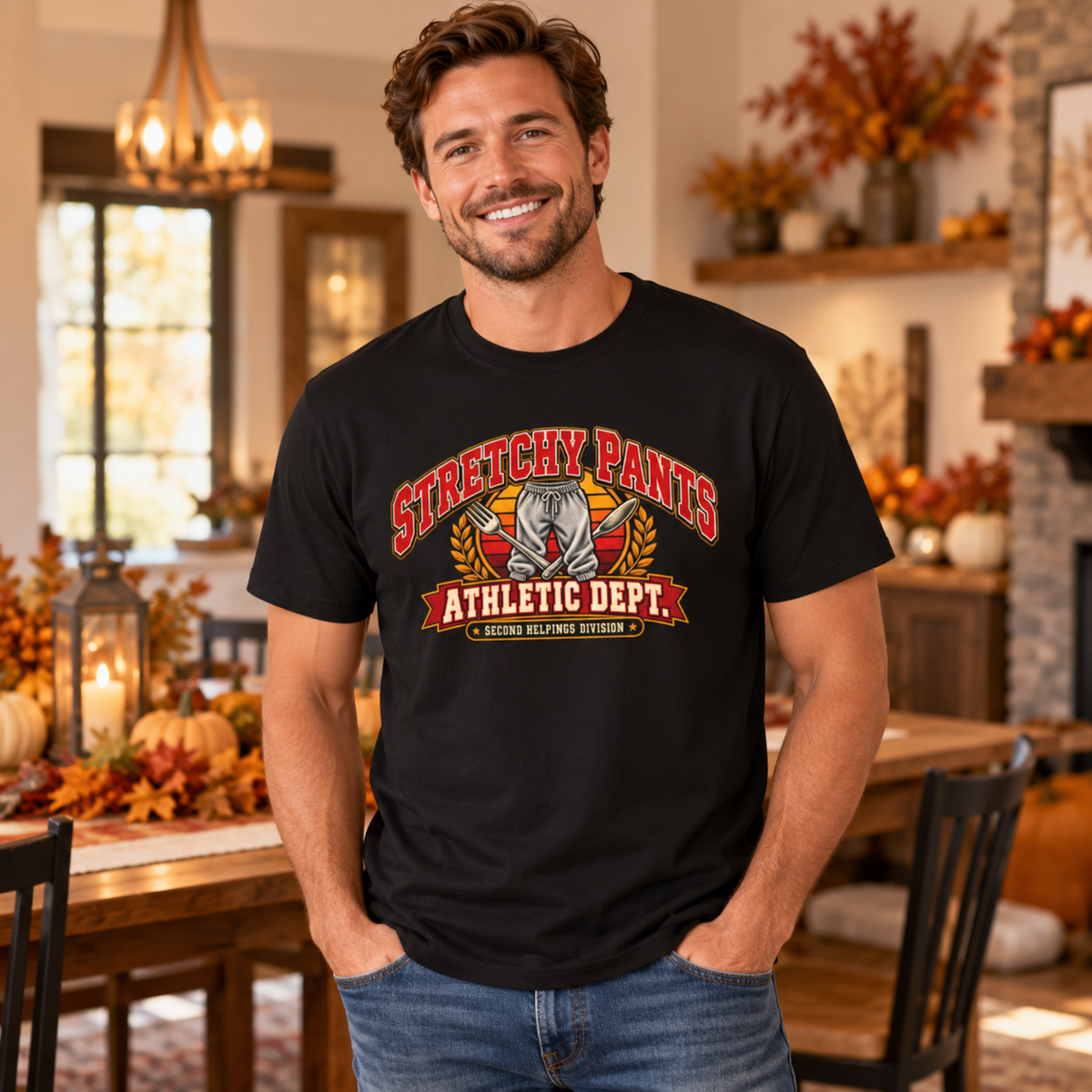 Man wearing the Black Stretchy Pants Athletic Dept. tee at a holiday dinner table