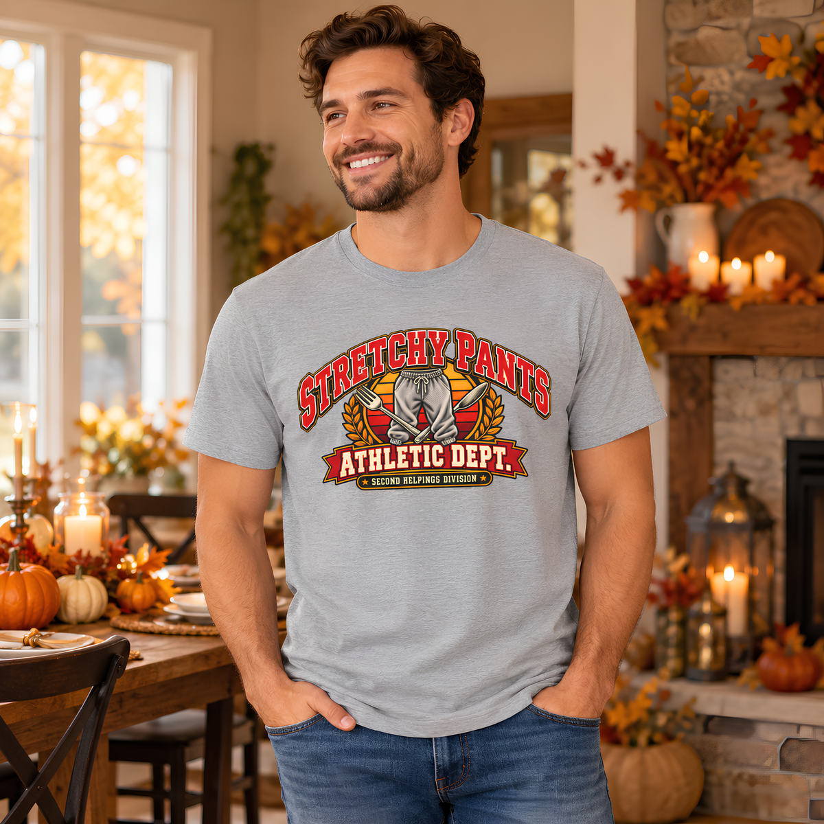Man wearing the Sport Grey Stretchy Pants Athletic Dept. tee at a holiday dinner table
