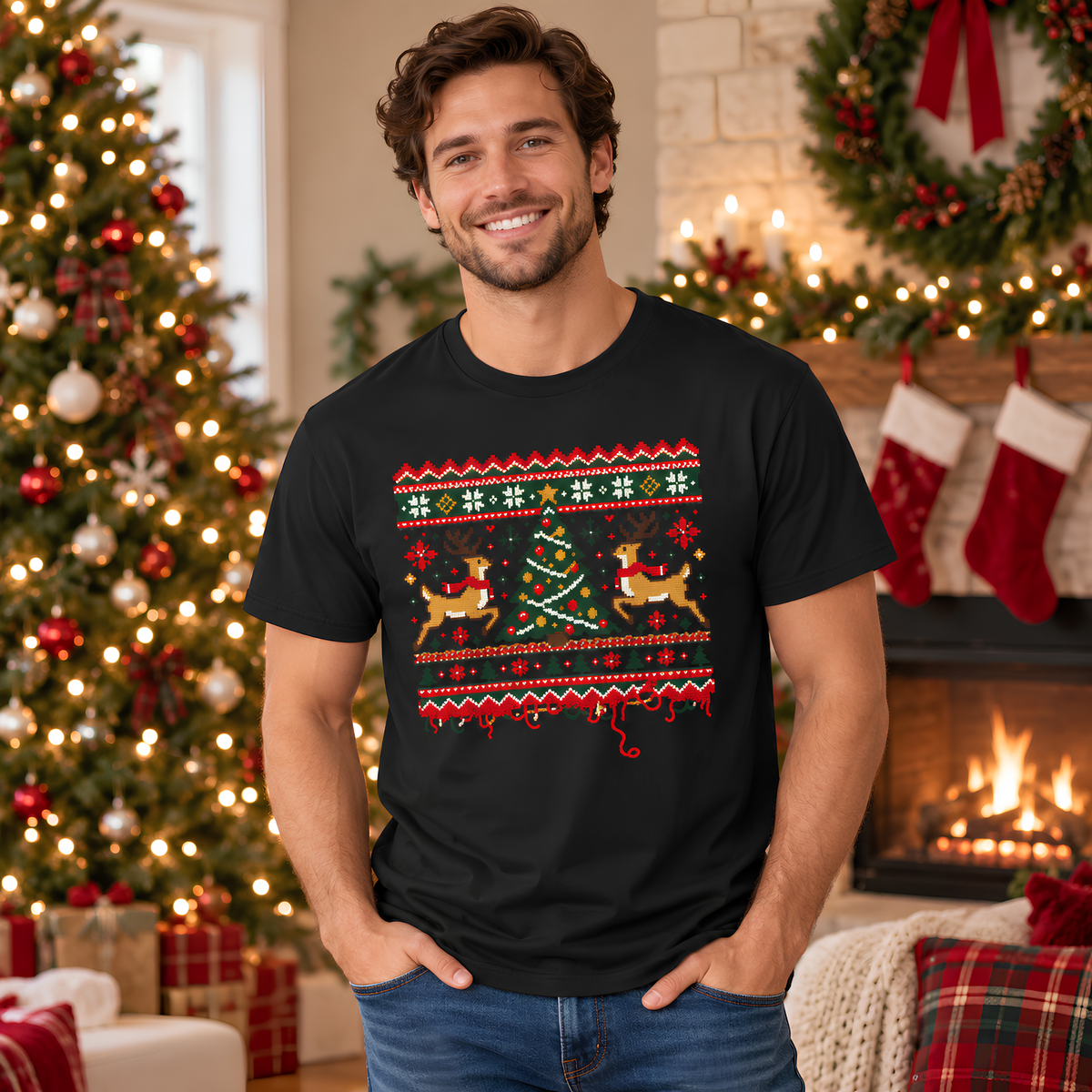 Man wearing the Black ugly Christmas sweater tee by a fireplace with stockings