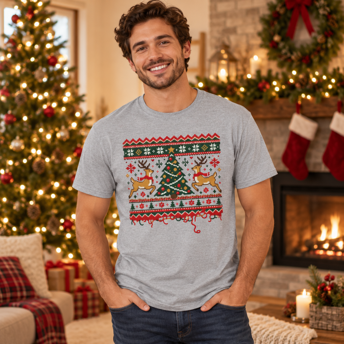 Man wearing the Sport Grey ugly Christmas sweater tee by a decorated Christmas tree