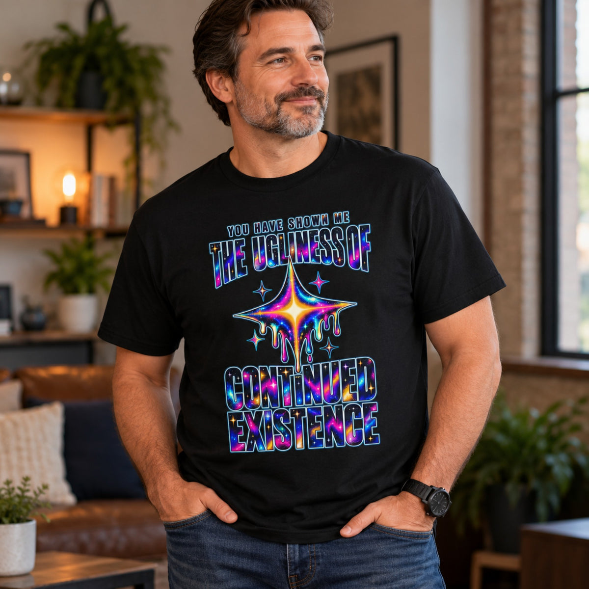 Continued Existence pixel art tee worn in a lifestyle setting