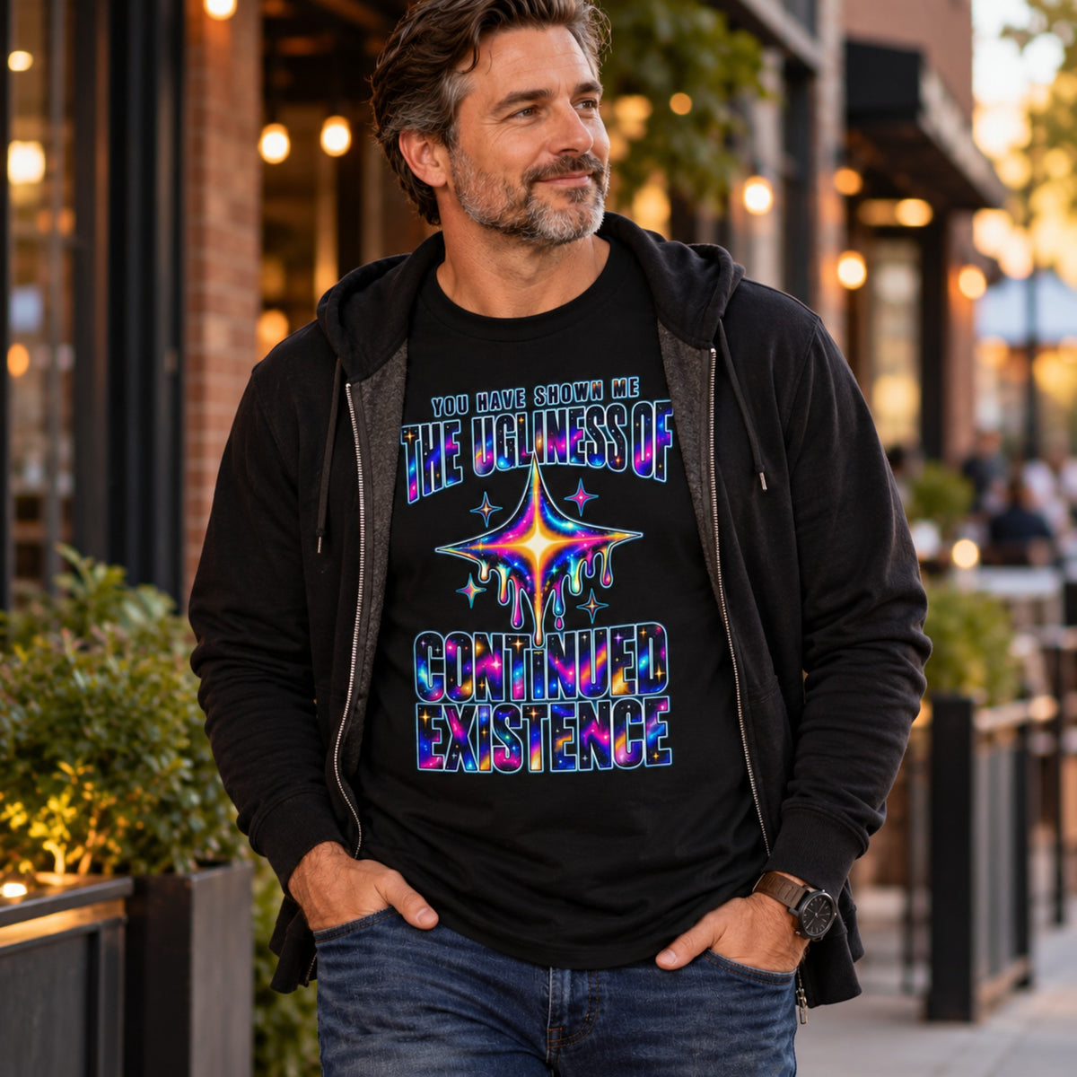 Continued Existence pixel art tee worn outdoors on the street